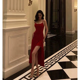 Niulatu High Low Spaghetti Straps Red Prom Dresses Birthday Outfits Evening Gown SD917
