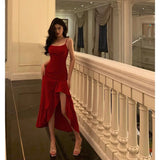 Niulatu High Low Spaghetti Straps Red Prom Dresses Birthday Outfits Evening Gown SD917
