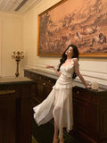 Niulatu High Low Spaghetti Straps White Chiffon Ruffles Prom Dresses Birthday Outfits Evening Gown SD977