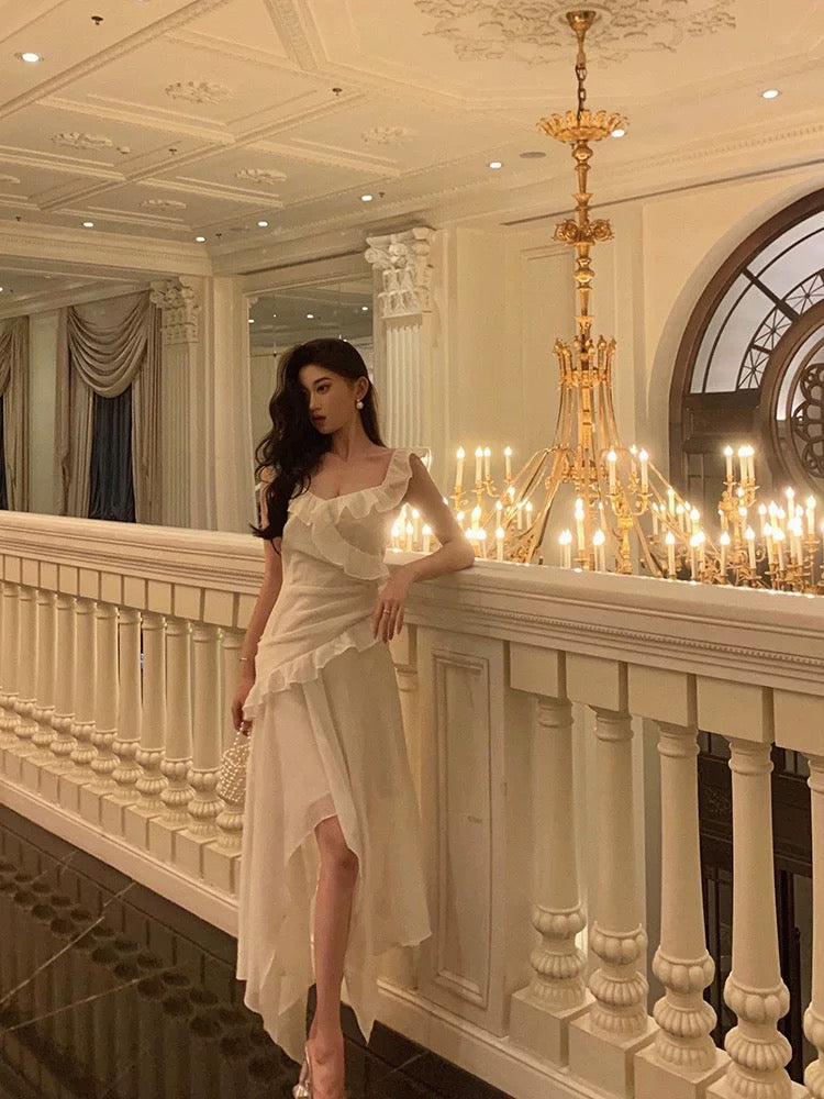 Niulatu High Low Spaghetti Straps White Chiffon Ruffles Prom Dresses Birthday Outfits Evening Gown SD977