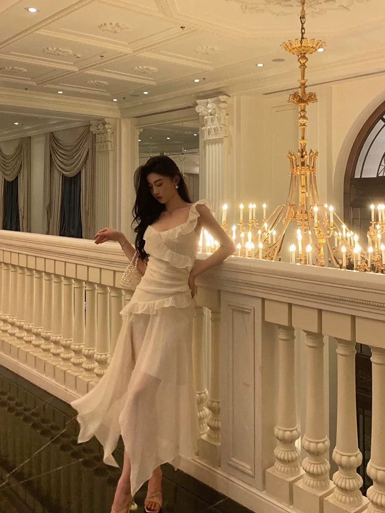 Niulatu High Low Spaghetti Straps White Chiffon Ruffles Prom Dresses Birthday Outfits Evening Gown SD977