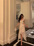 Niulatu High Low Spaghetti Straps White Chiffon Ruffles Prom Dresses Birthday Outfits Evening Gown SD977