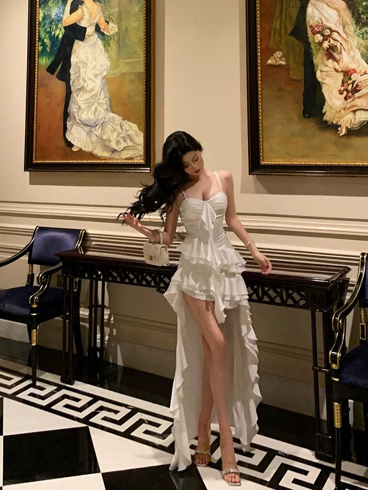Niulatu High Low Spaghetti Straps White Chiffon Ruffles Prom Dresses Birthday Outfits Evening Gown SD987