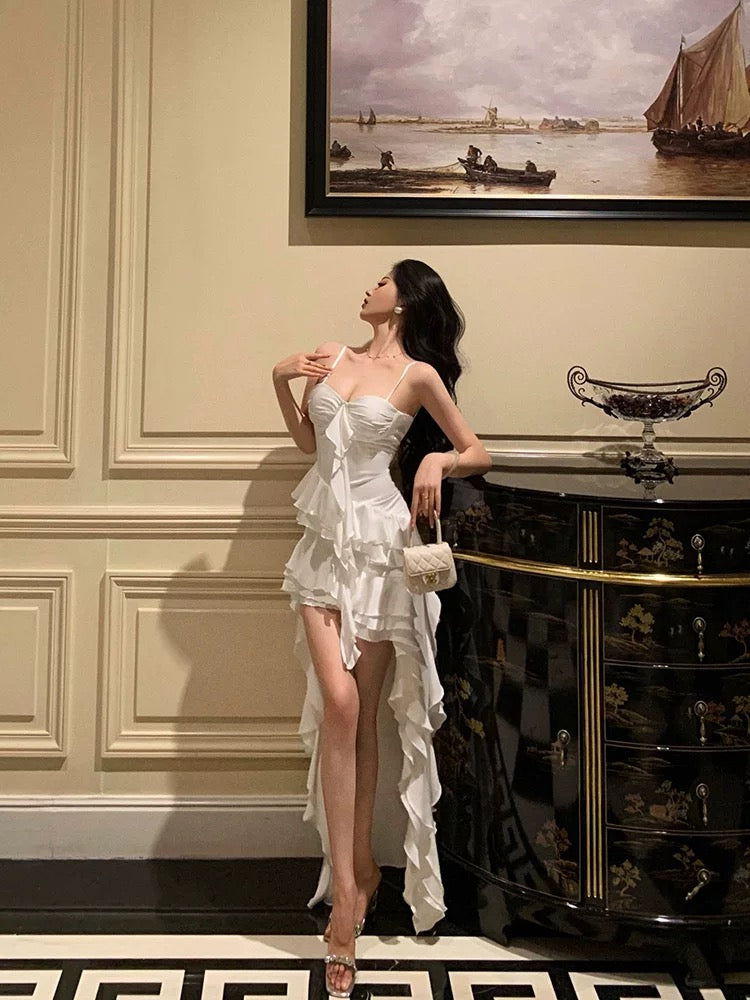 Niulatu High Low Spaghetti Straps White Chiffon Ruffles Prom Dresses Birthday Outfits Evening Gown SD987