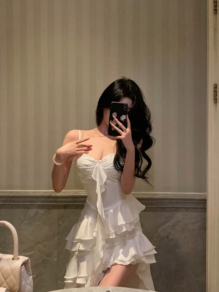 Niulatu High Low Spaghetti Straps White Chiffon Ruffles Prom Dresses Birthday Outfits Evening Gown SD987