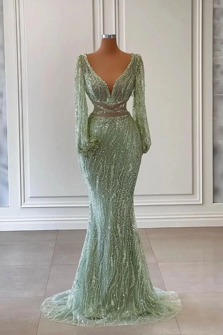 Niulatu Green Long Sleeves V-Neck Mermaid Evening Dress With Sequins Beads HZ1007