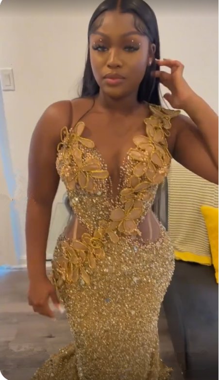 Niulatu Gold Sequins Appliques Evening Dress Mermaid Prom Dress HZ1007