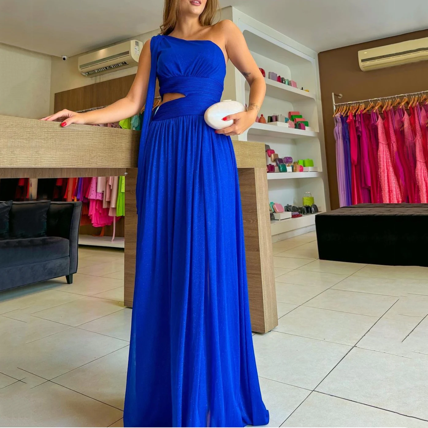 Niulatu Blue One Shoulder Long Evening Dress Women Sexy Formal Chiffon Prom Party Gowns HZ1007