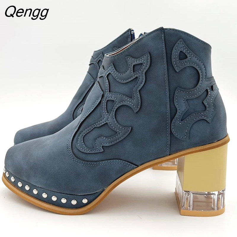 Niulatu High Heel Women's Boots Autumn Women Ankle Boots Retro Platform Square Chunky Heels Crystal Rivet Women Shoes Plus Size DJSE