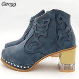 Niulatu High Heel Women's Boots Autumn Women Ankle Boots Retro Platform Square Chunky Heels Crystal Rivet Women Shoes Plus Size DJSE