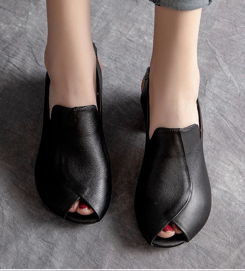 Niulatu High Heel Sandals Women Retro Genuine PU Leather Slingback Comfortable Fish Mouth Pumps Banquet Shoe Handmade Shoe DJSE
