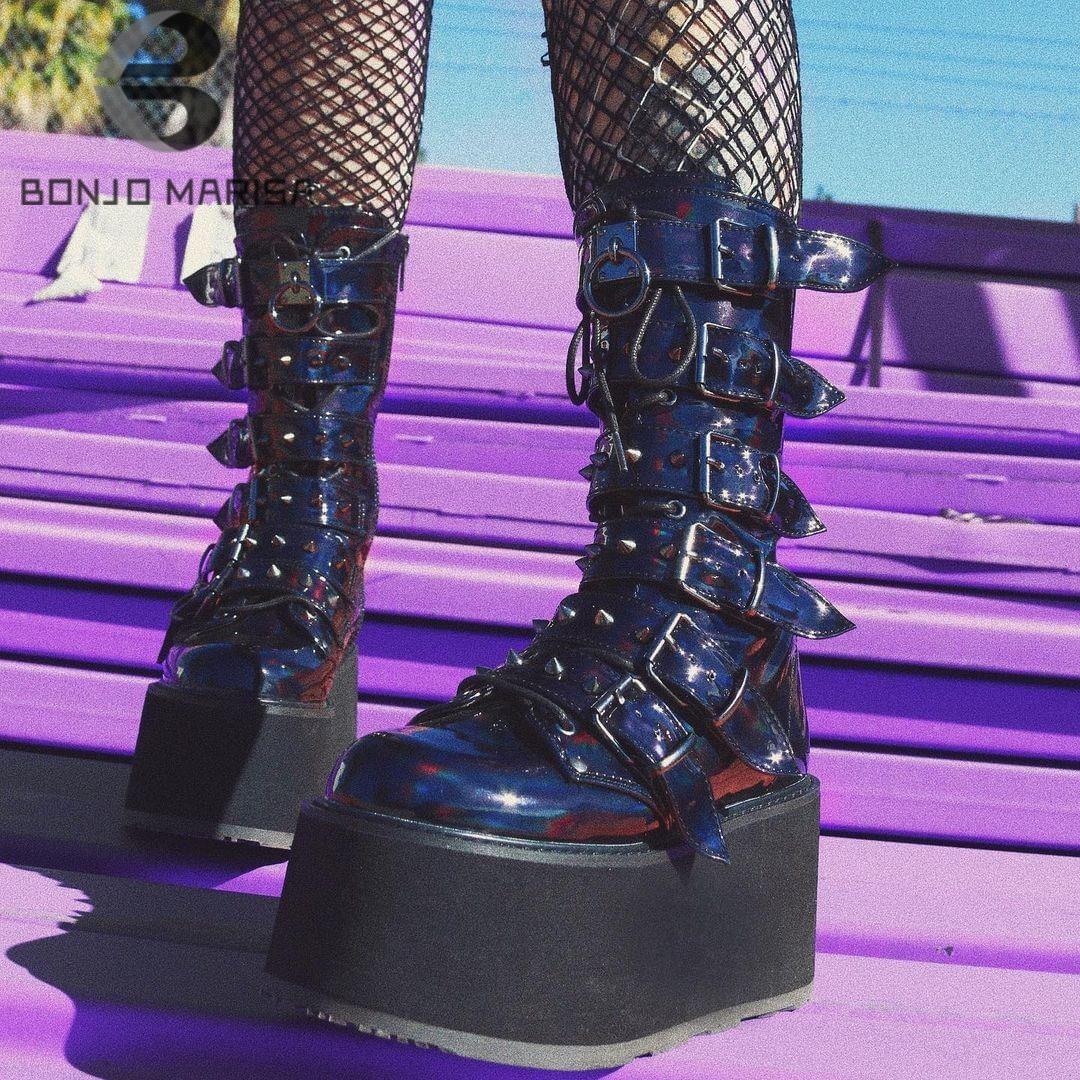 Niulatu Goth Love Heart Buckle Punk Wedges Platforms Women Boots Zipper Black Cosplay Cool Street Autumn Ladies Shoes DJSE