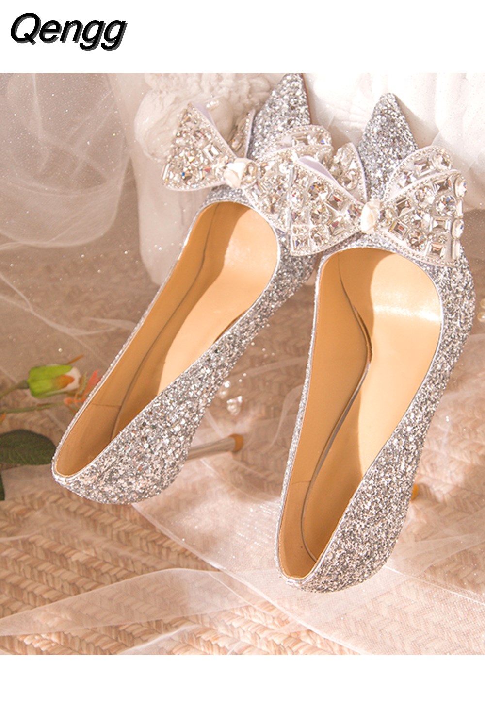 Niulatu High Heels Pumps Women 2025 New Slip On Shiny Sequins Wedding Shoes Woman Crystal Bowtie Stiletto Heeled Party Shoes DJSE