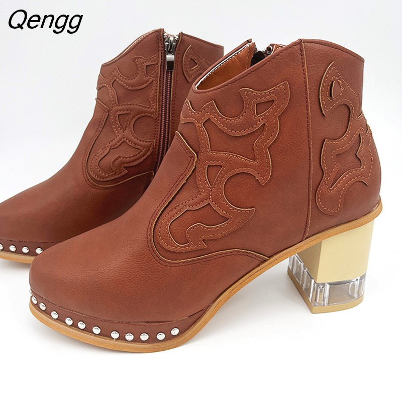 Niulatu High Heel Women's Boots Autumn Women Ankle Boots Retro Platform Square Chunky Heels Crystal Rivet Women Shoes Plus Size DJSE