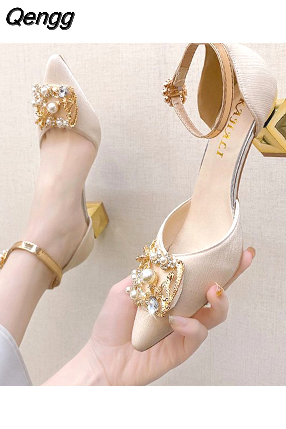 Niulatu High Heels Pumps Women Elegant Pearl Buckle Square Heels Wedding Party Shoes Ladies Pointed Toe Ankle Strap Pumps DJSE