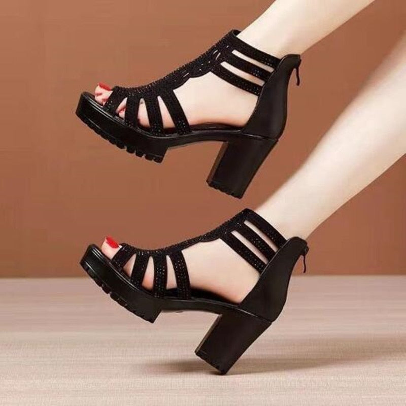 Niulatu High Heels Gladiator Sandals Woman Open Head Sexy Rivet Block Heel Platform Shoes Summer Back Zip Size 35-40 Women Sandals DJSE
