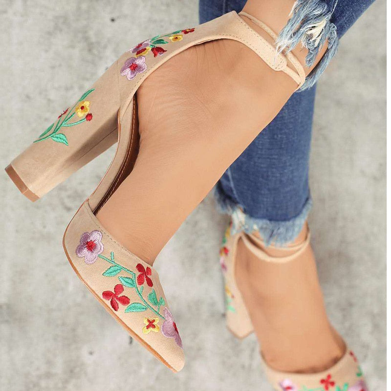 Niulatu High Heels Embroidery Flower Pumps Ankle Strap Female Pointed Toe Shoes Heel Sandal for Women Summer Footwear 43 DJSE