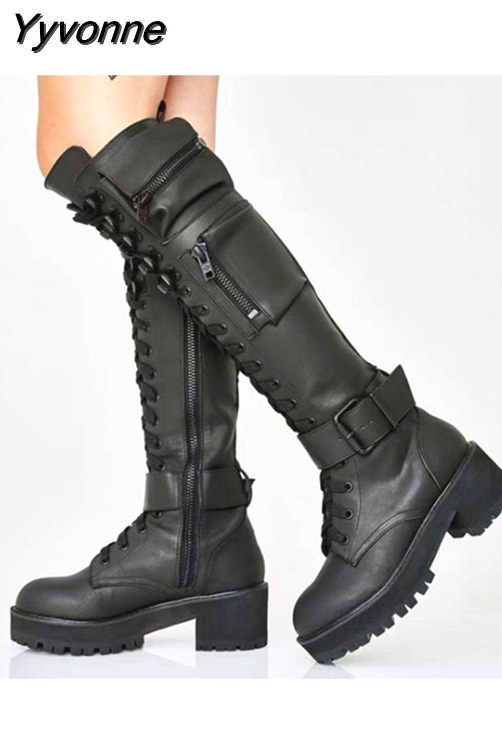 Niulatu High Quality Female Motorcycle Boots Square Heel Lace-Up Narrow Band Winter Cool Street Women Knee High Boots Shoes DJSE