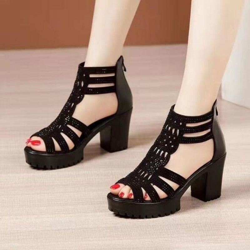 Niulatu High Heels Gladiator Sandals Woman Open Head Sexy Rivet Block Heel Platform Shoes Summer Back Zip Size 35-40 Women Sandals DJSE