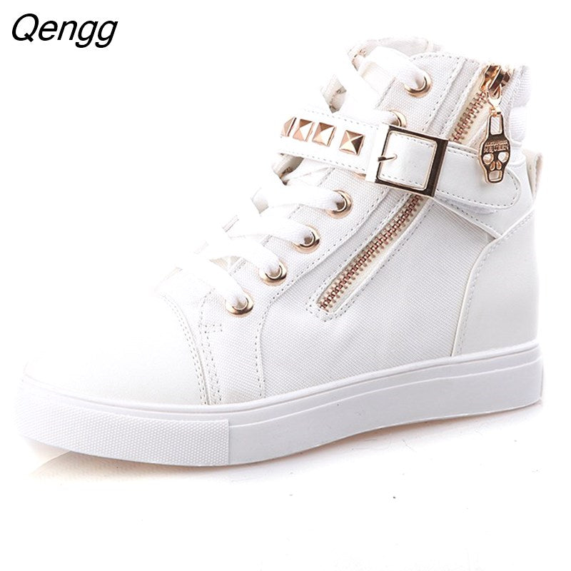 Niulatu High Top Black White Boots Shoes Women Casual Platform Vulcanized Flats Shoes PU Leather Sneakers Zapato Mujer DJSE