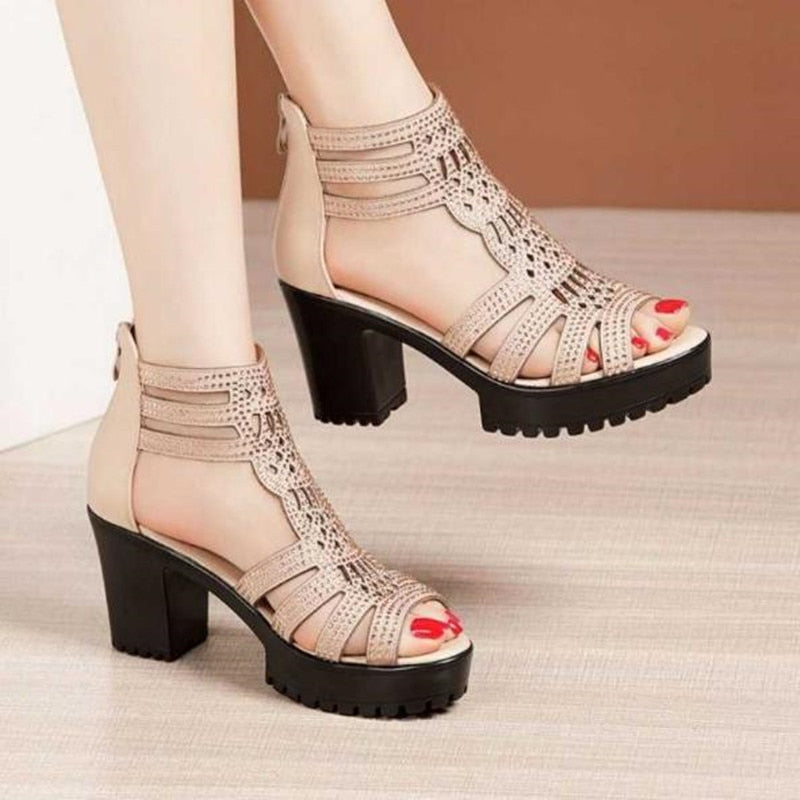 Niulatu High Heels Gladiator Sandals Woman Open Head Sexy Rivet Block Heel Platform Shoes Summer Back Zip Size 35-40 Women Sandals DJSE