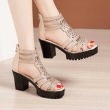 Niulatu High Heels Gladiator Sandals Woman Open Head Sexy Rivet Block Heel Platform Shoes Summer Back Zip Size 35-40 Women Sandals DJSE