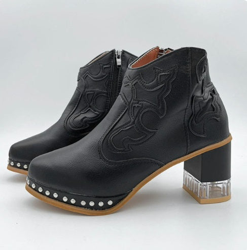 Niulatu High Heel Women's Boots Autumn Women Ankle Boots Retro Platform Square Chunky Heels Crystal Rivet Women Shoes Plus Size DJSE