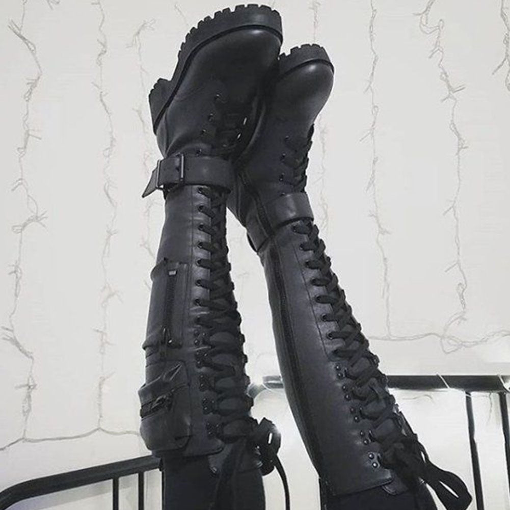 Niulatu High Quality Female Motorcycle Boots Square Heel Lace-Up Narrow Band Winter Cool Street Women Knee High Boots Shoes DJSE
