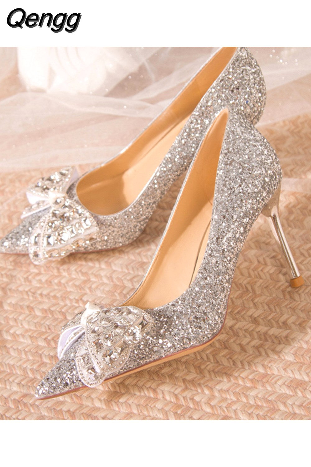 Niulatu High Heels Pumps Women 2025 New Slip On Shiny Sequins Wedding Shoes Woman Crystal Bowtie Stiletto Heeled Party Shoes DJSE