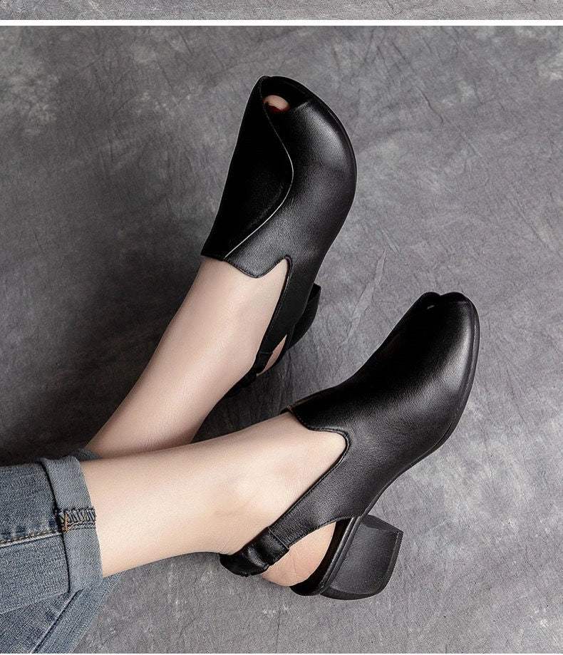Niulatu High Heel Sandals Women Retro Genuine PU Leather Slingback Comfortable Fish Mouth Pumps Banquet Shoe Handmade Shoe DJSE