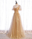 Niulatu tulle v neck long prom dress gold tulle formal dress HZ1110