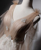 Niulatu v neck tulle lace long prom dress champagne evening dress HZ1110