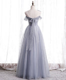 Niulatu one shoulder tulle long prom dress gray tulle evening dress HZ1110