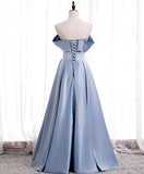 Niulatu satin of shoulder long prom dress blue evening dress HZ1110