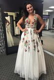Niulatu V Neck Floral Embroidery Long Lace Prom Dress with Pocket HZ0113