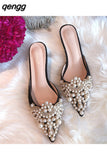 Niulatu Fashion Sexy Women Shoes Elegant String Bead Crystal Patchwork Slip-On 35-42 Thin Heels Slipper NEW AD1147 DJSE