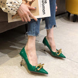 Niulatu Shoes 2025 Pointed Toe Stiletto Shoes Women Green Pumps Patent Leather High Heels with Metal Chain Ladies Office DJSE