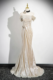 Niulatu Champagne Off The Shoulder Satin Prom Dress Mermaid Evening Gown HZ1007