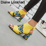 Niulatu Women Stylish Print Sandals Boots Peep Toe Buckle Strap Summer High Heel Gladiator Shoes Woman Yellow Green sandalias mujer 2025 DJSE