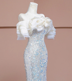 Niulatu Silver Mermaid Sequins Beading Prom Dress Formal Evening Dress HZ1007