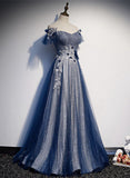 Niulatu Blue tulle long prom dress blue evening dress HZ0113