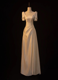 Niulatu White Satin A-line Wedding Party Dress Long Prom Dress Evening Gown HZ1007