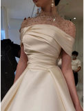 Niulatu A-Line Evening Gown Elegant Dress Formal Floor Length Short Sleeve Illusion Neck Satin with Ruched Beading Prom Dress HZ1110