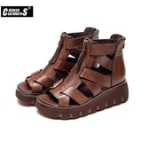Niulatu Women Summer Sandals Mid Heels Wedges Shoes Ladies Vintage Genuine Leather Sandals DJSE