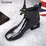 Niulatu Women Boots Shiny PU Leather Autumn Winter Shoes Womens Spuare Toe Block Heels Ankle Boots Female Botas Zapatos Mujer DJSE