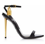 Niulatu Women Sexy Gold Silver Black Padlock Sandals Thin Metal Stiletto Heel Dress Shoes Metal Decoration High Heels Pumps DJSE