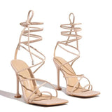 Niulatu Women Sandals Sexy Summer Shoes Gladiator Clip Toe High Heels Bandage Buckle Strap Pumps Squre Toe Ladies Party Fashion Stiletto DJSE