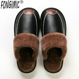 Niulatu Men Winter Leather Slippers Bedroom Cotton Slippers Male Waterproof Thick Plus Velvet Indoor Warm House Home Slippers Shoes DJSE