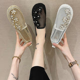 Niulatu Lace Mesh Crystal Floral Shoes Women Comfort Breathable Summer Walking Shoes Woman Fashion Slip-on Ballet Flats DJSE