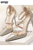 Niulatu with Thin 10CM Heel High Heel Shallow Pointed Head Rivet Hollow Word Belt PUMPS Simple Women's Shoes DJSE